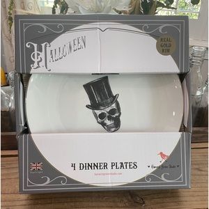 HARVEST GREEN STUDIO SET of 4 “Top Hat” Dinner Plates Trimmed in real gold!